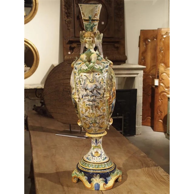 Tall Painted Italian Majolica Vase Circa 1860 For Sale - Image 4 of 13