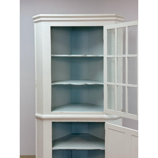 Antique Painted White Corner China Cabinet Pane Glass Door 1800s Display Cabinet For Sale - Image 9 of 18