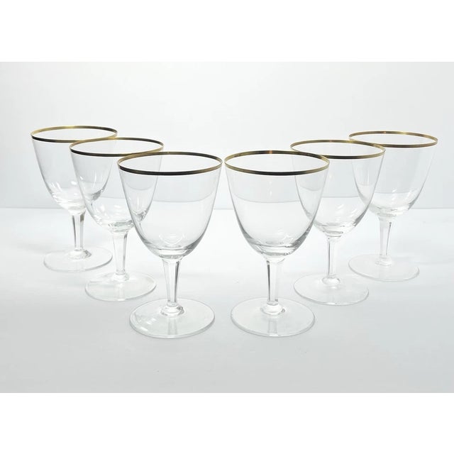 Mid-Century Modern 1960s Vintage Mid-Century Modern Minimalist 6 Gold Rim Crystal Wine Glasses - Set of 6 For Sale - Image 3 of 6