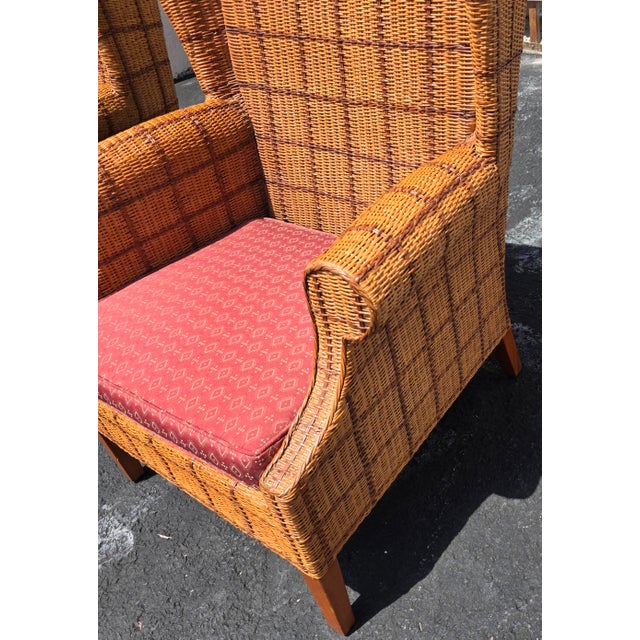 Late 20th Century Pair of Palecek Woven Rattan Wingback Lounge Chairs With Rolled Arms For Sale - Image 12 of 15