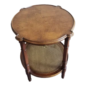 Mid-Century Burl Walnut and Cane Two-Tier Side Table With Pull-Out Tray