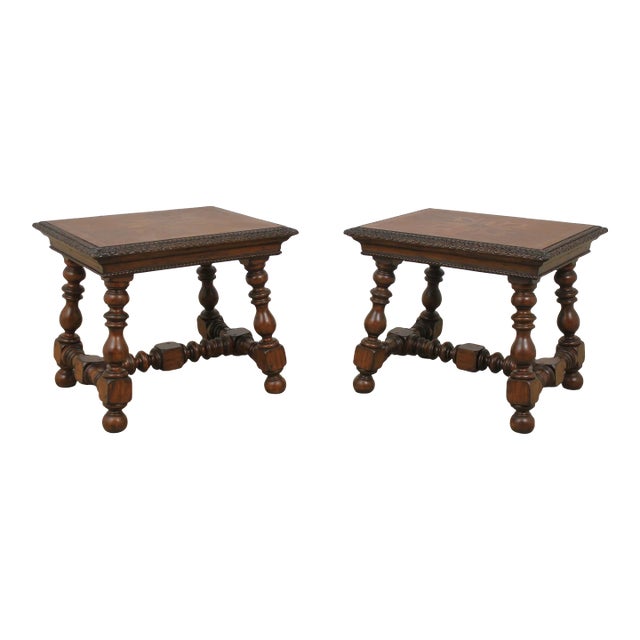 Pair Maitland Smith Oversized Inlaid Mahogany Lamp Tables For Sale
