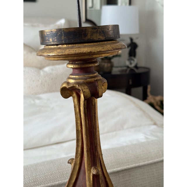 Pair of Antique Italian Giltwood Candlesticks With Red Painted Finish For Sale - Image 9 of 10