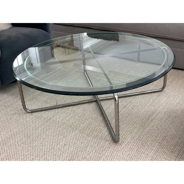 Modern 1990s Round Chrome and Thick Glass Coffee Table For Sale - Image 3 of 11