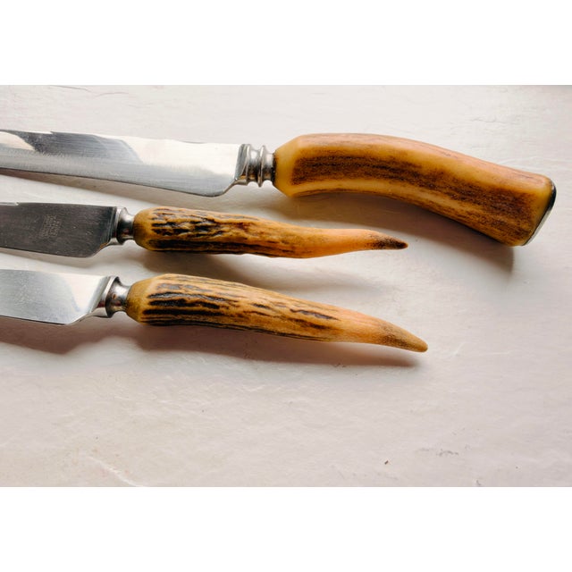 Vintage Midcentury Sheffield England Stag Handle 2 Steak Knives , 1 Carving Knife Carving knife 12.5"L Steak knives 9"L...