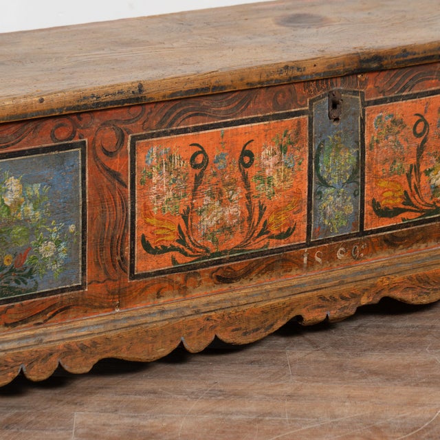 Long Narrow Hand Painted Pine Trunk Bench, Dated 1889 For Sale - Image 11 of 16