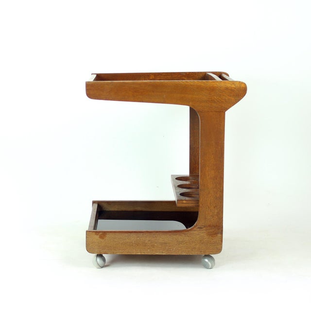 Mid-Century Modern Mid-Century Modern Wooden Bar Cart with Black Opaline Glass Tops, 1960s For Sale - Image 3 of 10