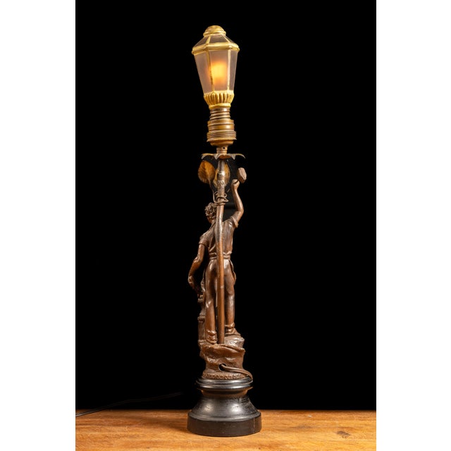Metal Antique Art Nouveau German Spelter Blacksmith Lamp For Sale - Image 7 of 8