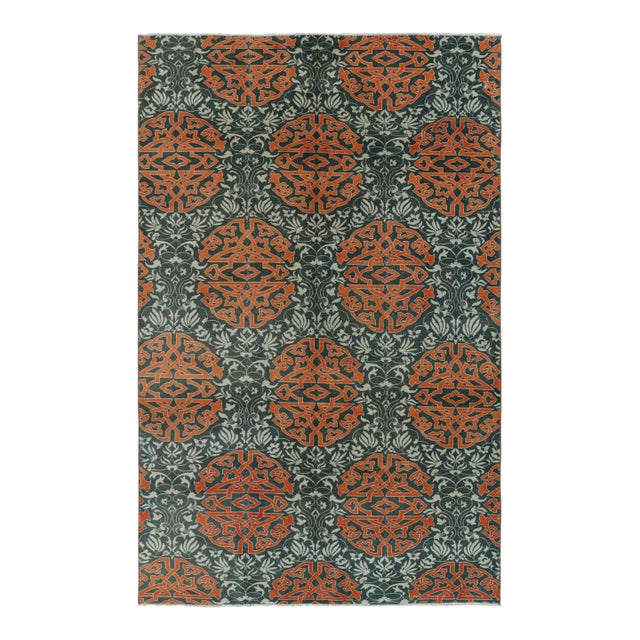 Vintage Hereke Rug in Teal With Orange Arabesque Medallions | Rug & Kilim For Sale