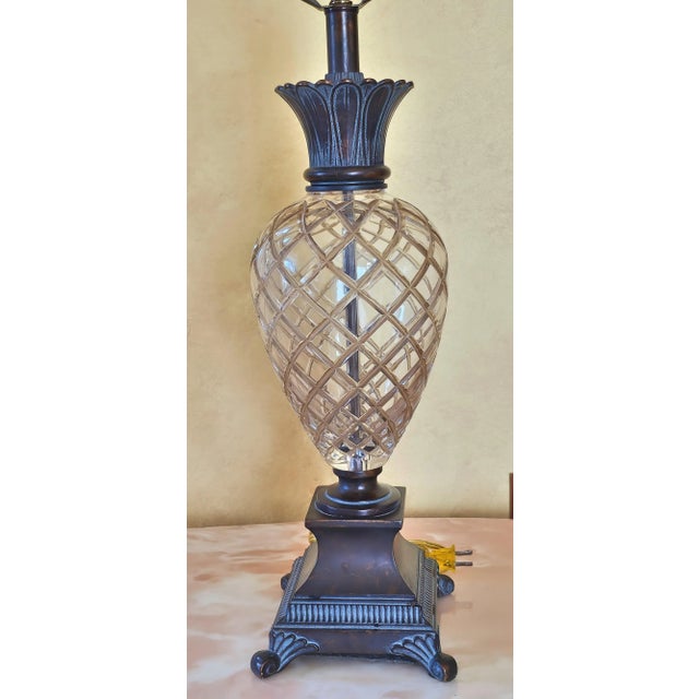 Mid-Century Modern Style Bronze Crystal and Bronze Pineapple Table Lamp With Shade For Sale - Image 10 of 12