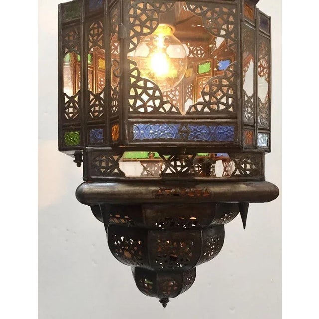 Moroccan Hall Lantern Light Fixture With Multi-Color Glass Moorish Style For Sale - Image 4 of 13