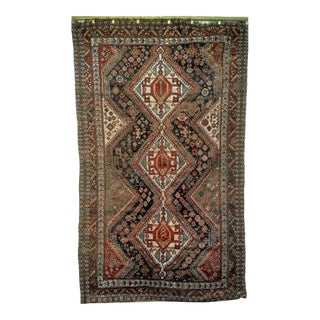 Vintage Persian Qashqai Tribal Area Rug, Hand-Knotted Wool, Geometric Medallions, 4x7, Navy & Red For Sale