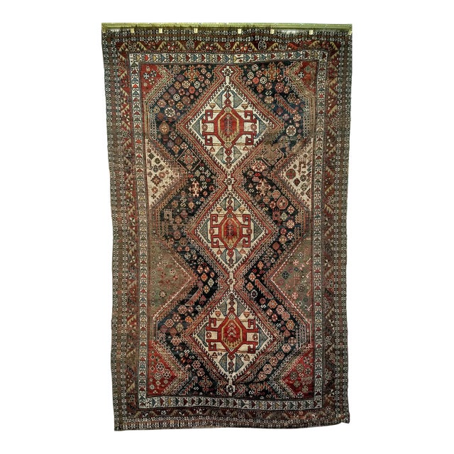 Vintage Persian Qashqai Tribal Area Rug, Hand-Knotted Wool, Geometric Medallions, 4x7, Navy & Red For Sale