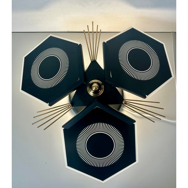 Unique ceiling light, matte black frame with gold details, all original from the 1980s. Double-sided silk-screened glass...