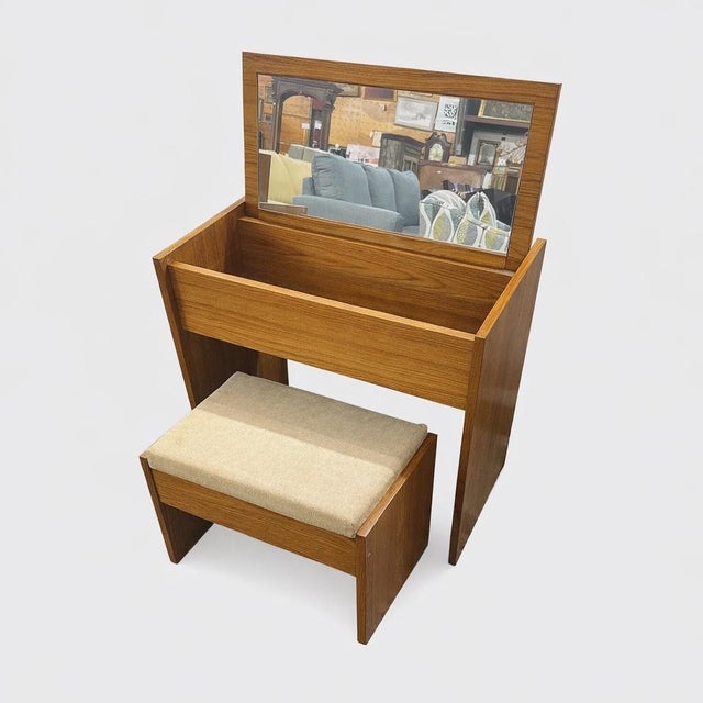 Vintage Danish Vanity Table with Lift Top and Mirror and Upholstered Bench Danish-style vanity with upholstered bench with...