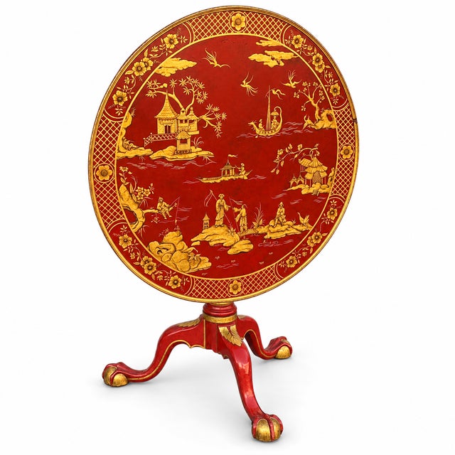 Wood English Georgian Style Red Lacquer and Gilt Chinoiserie Tilt-Top Tripod Table For Sale - Image 7 of 8