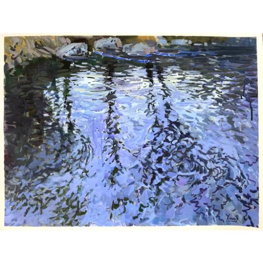 Moving water, contemporary landscape painting. Acrylic on paper. Measures 18x24 inches. A white border in left around the...