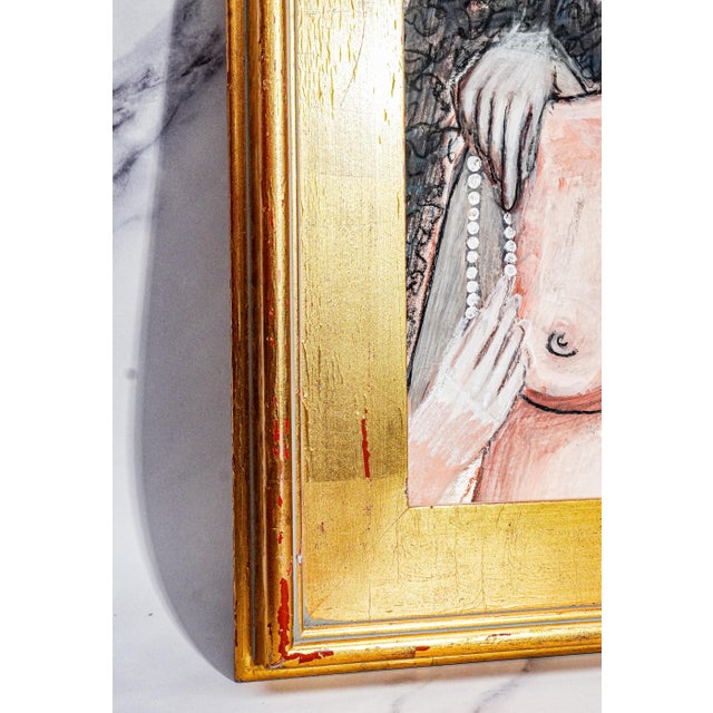Evocative Boho Style Nude Female Charcoal Portrait Drawing Gold Frame For Sale - Image 12 of 14