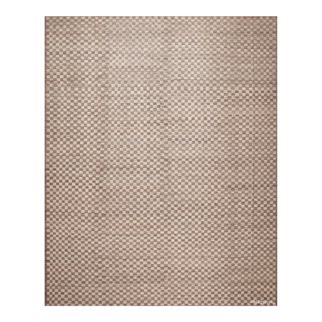 Large Neutral Earthy Grey Geometric Checkerboard Design Modern Area Rug For Sale