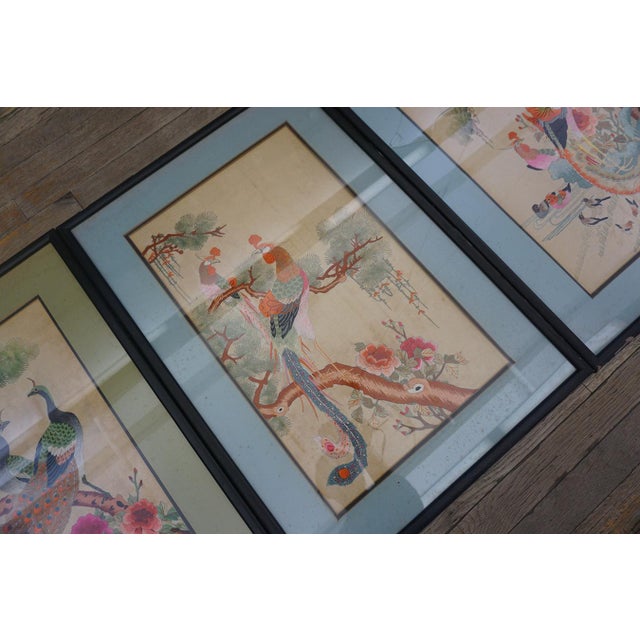 Wonderful Ivory Color With Floral Design Antique Set of Silk Embroidery of Peacock & Phoenix For Sale - Image 14 of 15