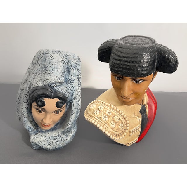 Ceramic Pair Marwal by Brower Spanish Matador & Señorita Chalkware Bust Sculptures For Sale - Image 7 of 8