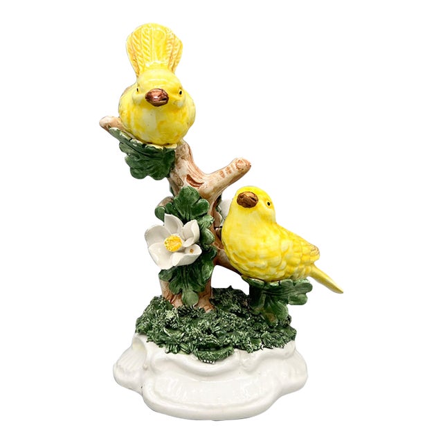 Vintage Italian Ceramic Yellow Bird Figurine With Applied Flowers and Foliage – Traditional, Cottage For Sale