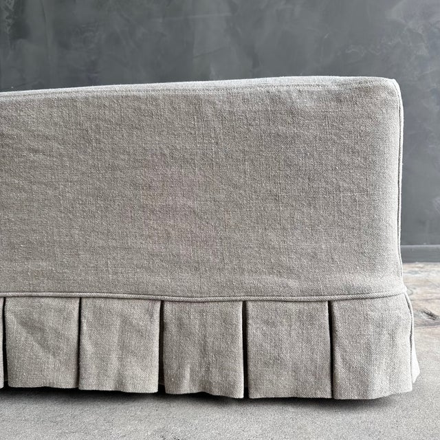 Greige Linen Slipcovered Bench With Pleated Skirt Details and White Oak Legs For Sale - Image 4 of 7