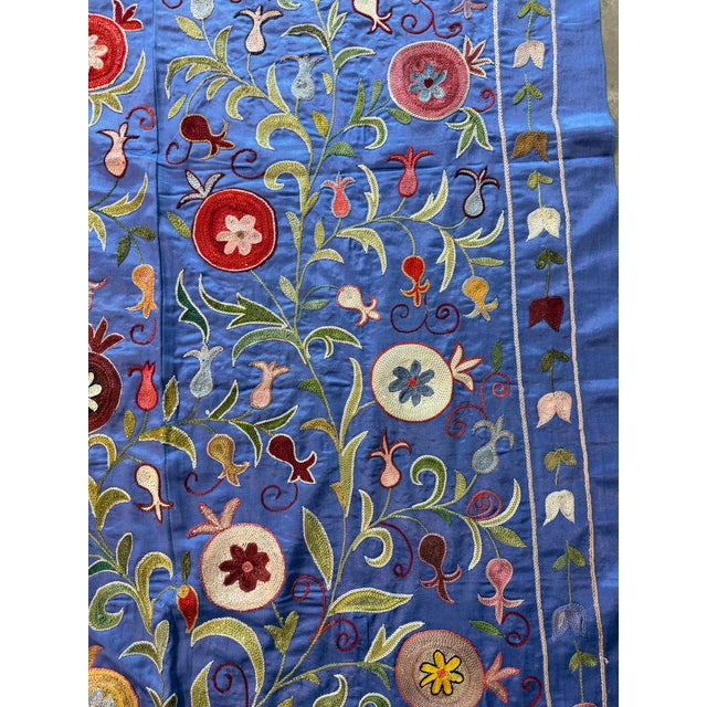 Blue Blue Silk Suzani Wall Hanging With Floral Rosettes For Sale - Image 8 of 10