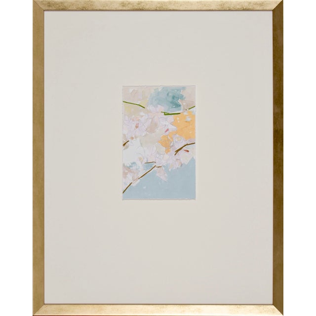 Gold Framed Soft Blue, Orange, Taupe and White Cherry Blossom Giclee Atop Ivory Mat, by Shadow Catchers. Dimensions: 24"x...