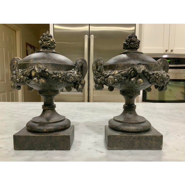 Late 20th Century Ethan Allen Style Sculptural Urn Like Pair, Bronze Color & Heavy - Bookends, Doorstops, Mantel Pieces, Grandmillennial, Cottagecore & European Decor For Sale - Image 5 of 7