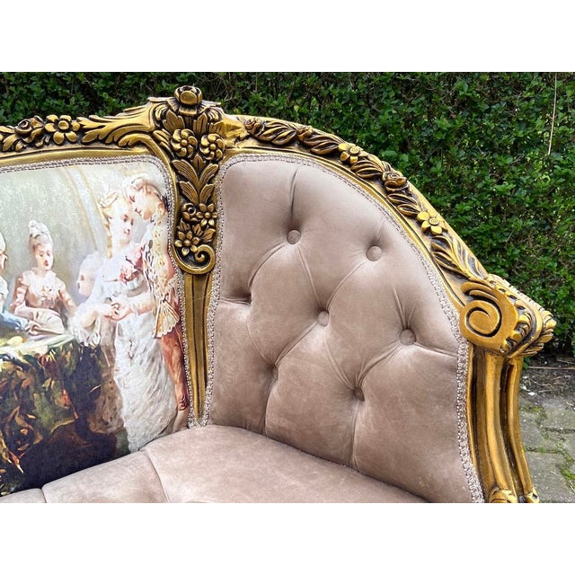 1970s French Louis XVI Tan Velvet Gilt Beech Settee For Sale - Image 9 of 17