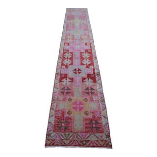Vibrant Turkish Runner 2x12 Long Narrow Rug Vintage Pink Hallway Oriental Carpet For Sale