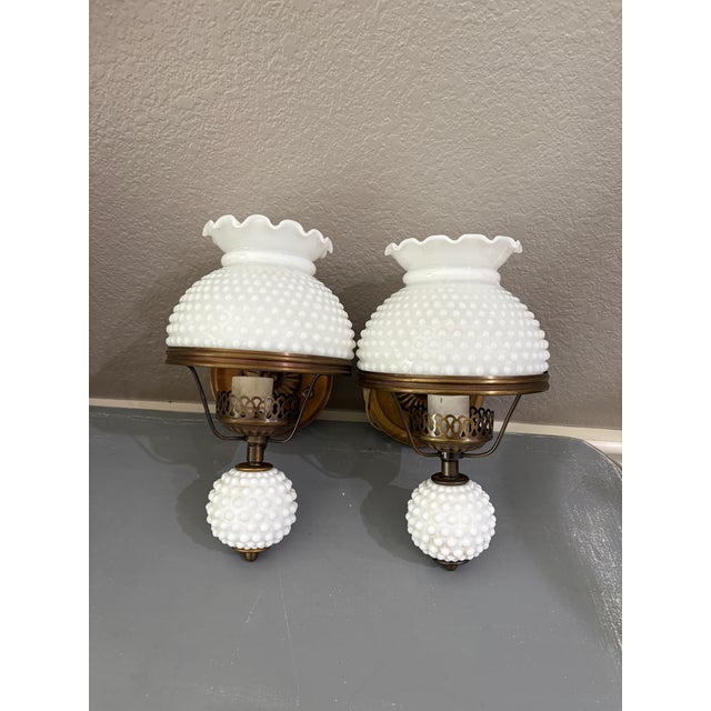 Mid 20th Century Pair of Mid-Century Hobnail Milk Glass Wall Sconces With Brass Hardware Lavery & Co Underwriters Laboratories For Sale - Image 12 of 12