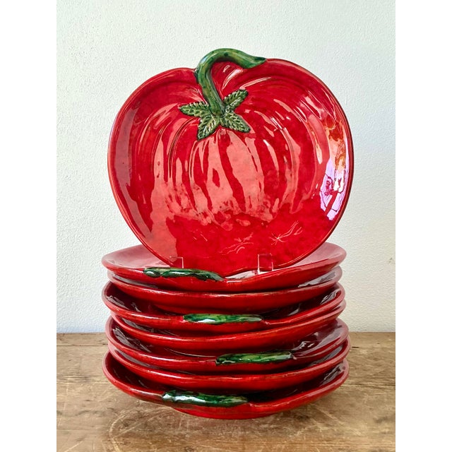 Ceramic Vintage 1960s Italian Glazed Ceramic Tomato Plates - Set of 8 For Sale - Image 7 of 12