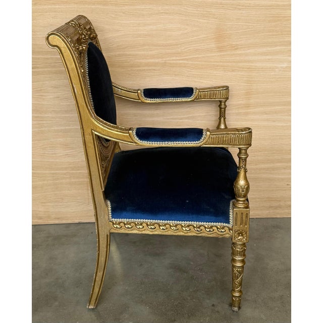 Mid 20th Century Pair of Louis XVI Style Giltwood Armchairs with Blue Klein Velvet For Sale - Image 9 of 18