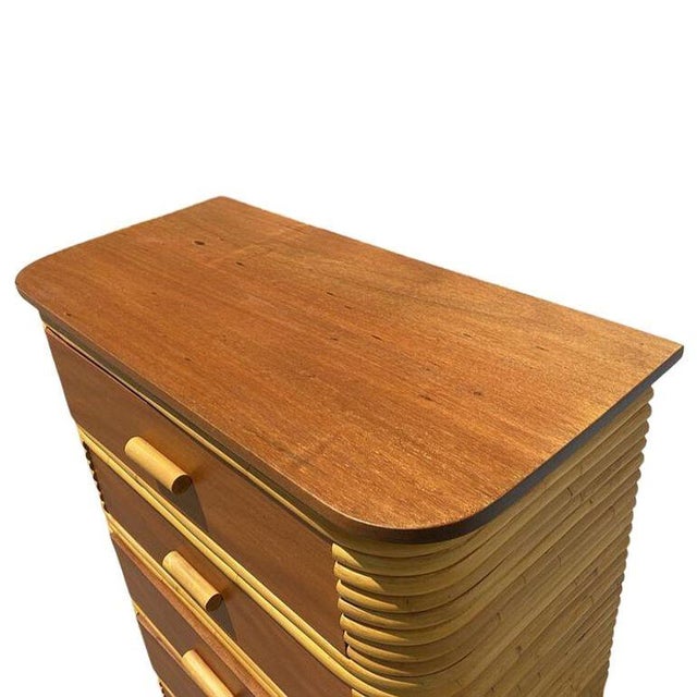 1930s Restored Art Deco Stacked Rattan Highboy Dresser W/ Mahogany For Sale In Los Angeles - Image 6 of 8