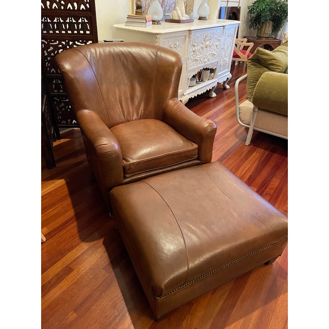 Henredon Vintage Henredon Leather Club Chair & Ottoman – Ralph Lauren Upper East Side Townhouse Style For Sale - Image 4 of 11
