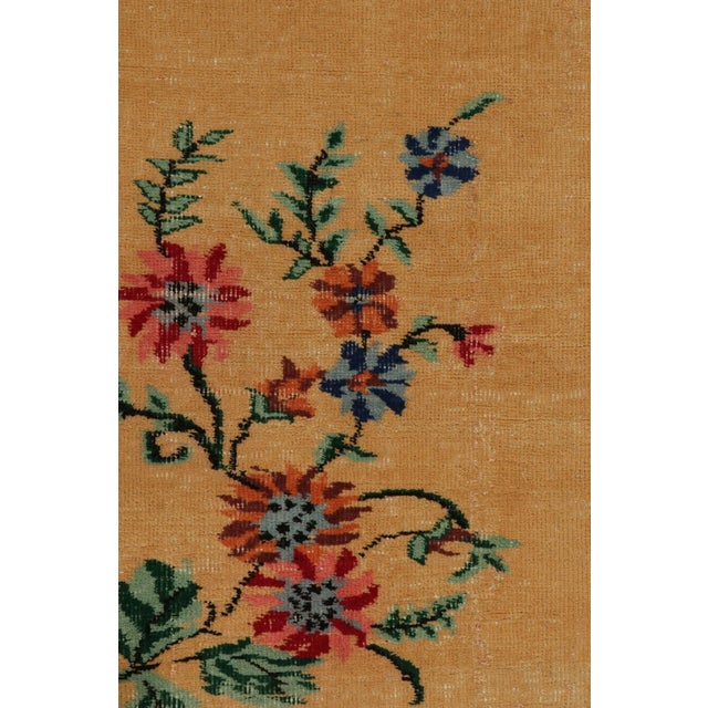 1960s Vintage Distressed Art Deco Rug in Golden-Brown With Colorful Floral For Sale In New York - Image 6 of 8