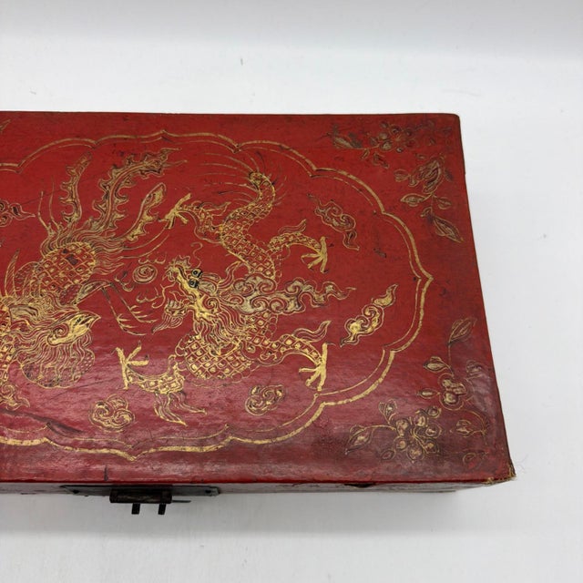 Vintage Chinese Gilt Red Lacquer Leather Document Box With Dragon & Phoenix For Sale - Image 4 of 14