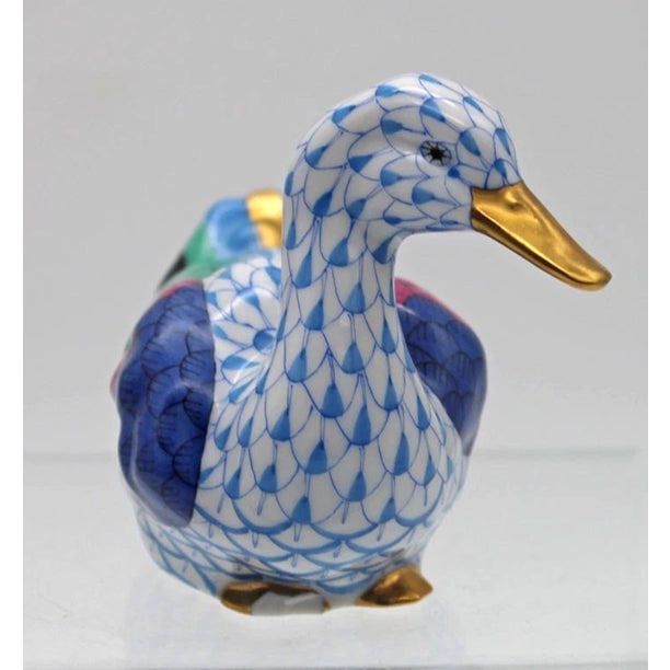 Mid-Century Modern Vintage MCM Herend Porcelain Blue Fishnet Mallard Duck Figurine For Sale - Image 3 of 4