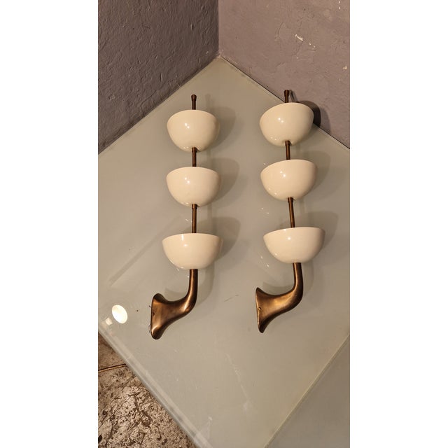 Metal Wall Lamps in Brass with White Aluminum Cups in the style of Stilnovo, 1980s, Set of 2 For Sale - Image 7 of 18