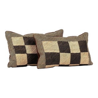 Pair of Custom Lumbar Cushions From Vintage African Kuba Cloth For Sale