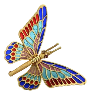 Multi-Color Enamel Plique-a-Jour Movable Butterfly 18k Gold Pin Brooch