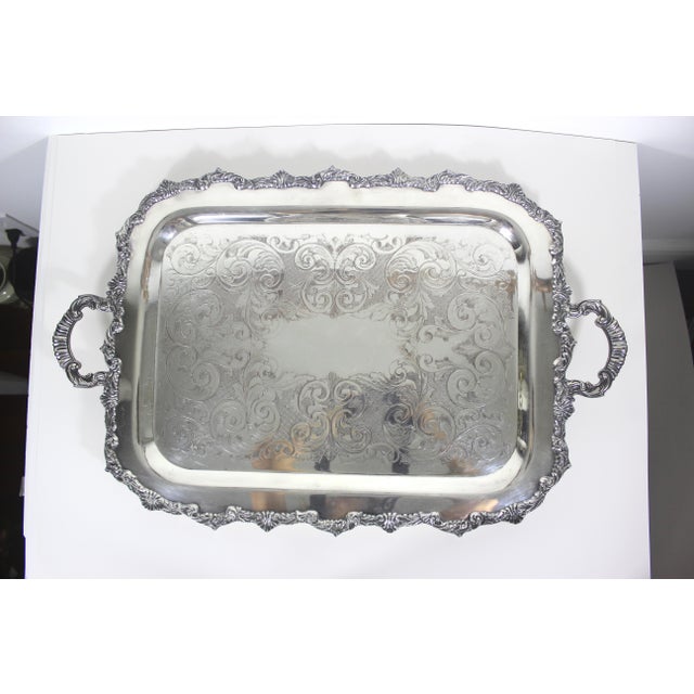 Metal Extra Large Butler’s Tray Silver Plated Rectangular Platter Vintage Plate Ornate Handles Embossed Serving For Sale - Image 7 of 10