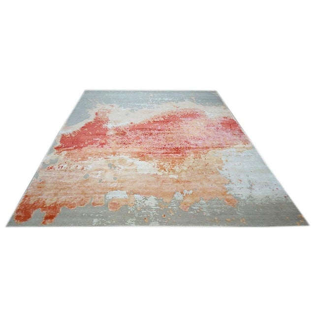 Indo-Nepalese Modern Wool & Silk 9x12 Grey, Orange, & Red Handmade Area Rug #1144036