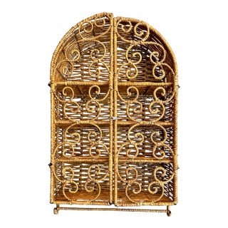 Vintage 1970s Natural Rattan Wicker Apothecary Wall Cabinet Shelf For Sale