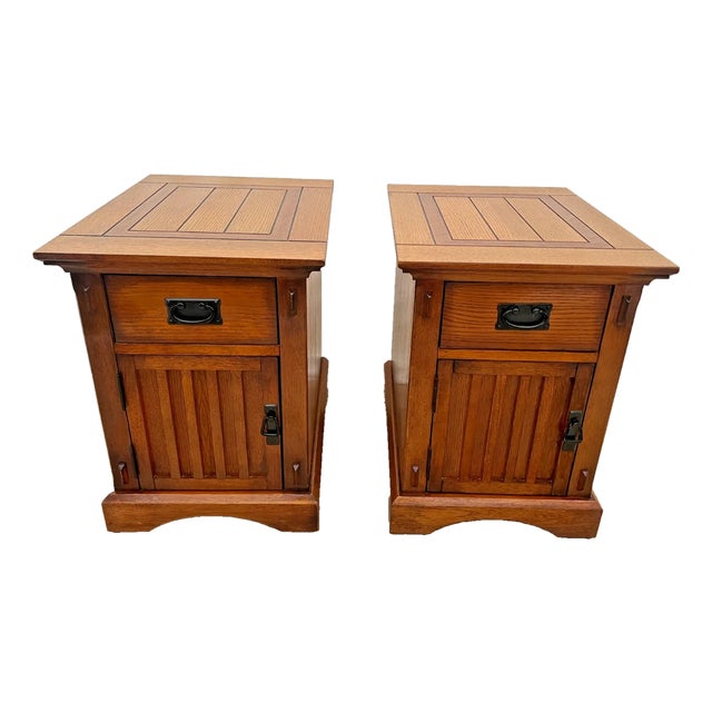 1990s Arts and Crafts Mission Style Side Tables Nightstands Drawer, Cabinet With Shelf, A Pair For Sale