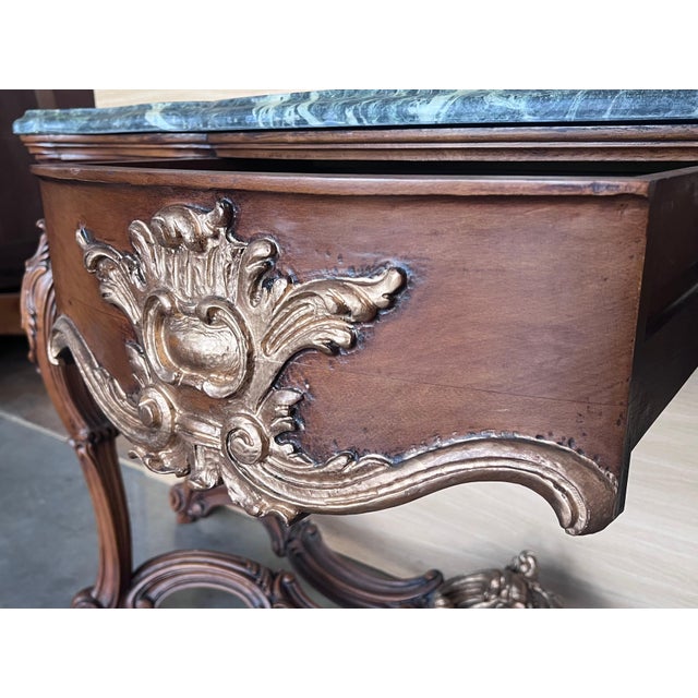 Wood Early 20th Century Large French Regency Carved Walnut Console Table with Gilted details and drawer For Sale - Image 7 of 18