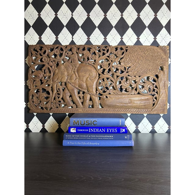Wood Hand-Carved Thai Teak Elephant & Rider Wall Panel With Floral Openwork, Large 36" For Sale - Image 7 of 13