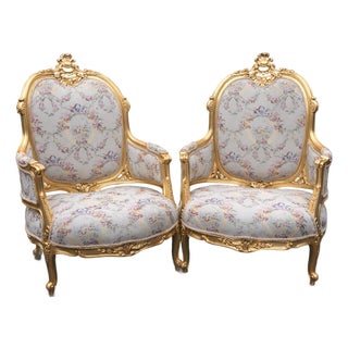 1970 French Louis XVI Gold Beech Damask Bergères - Pair For Sale